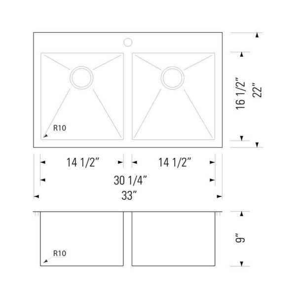 33"x22" Small-Radius 18 Ga Double (50/50) Top-mount Kitchen Sink (KTS-KR3322D) - Image 2