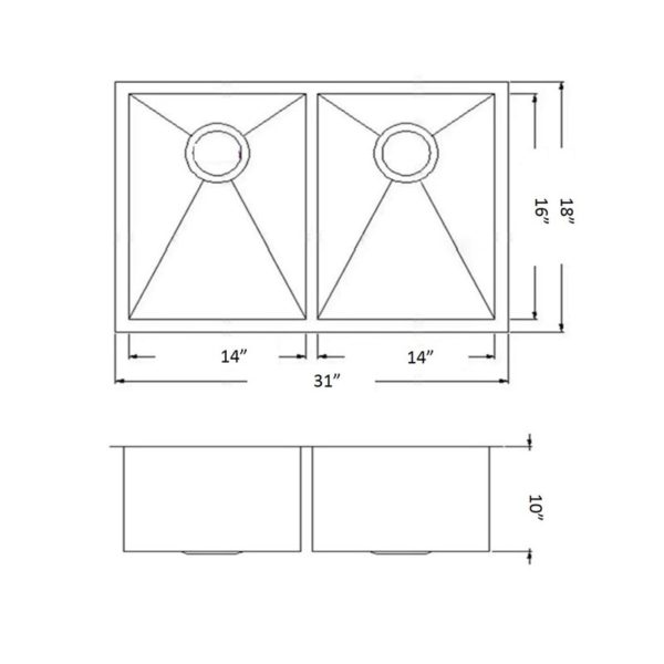 31"x18"x 8" Small Radius Double (50/50) Under-mount Kitchen Sink (KUS-R3118D) - Image 3